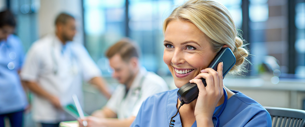 Freundliche Pflegefachkraft telefoniert am Empfang eines medizinischen Dienstes; im Hintergrund arbeiten Kolleg:innen in einer Klinik- oder Pflegeeinrichtung