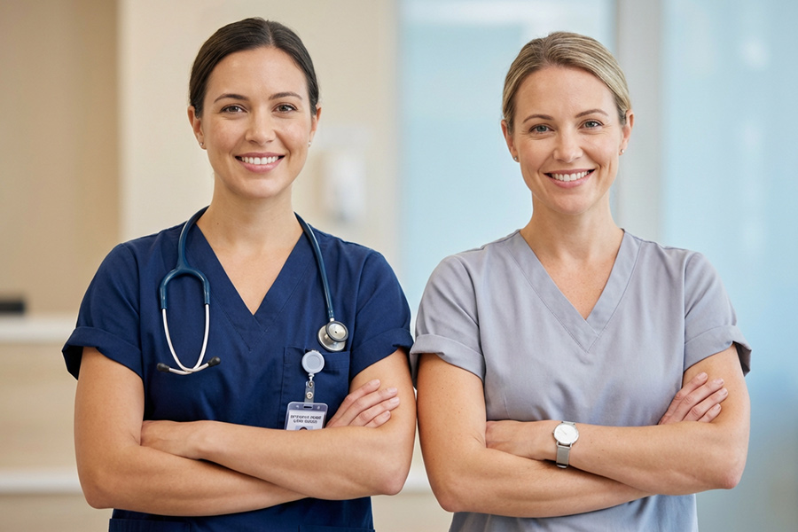 Zwei Pflegekräfte stehen nebeneinander mit verschränkten Armen und lächeln freundlich in die Kamera; beide tragen medizinische Kleidung
