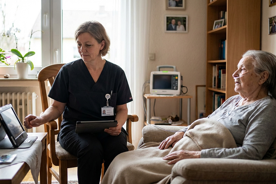 Pflegefachkraft sitzt neben einer älteren Patientin im häuslichen Umfeld und dokumentiert Pflegedaten, während die Patientin im Sessel liegt und Sauerstoff über eine Nasenbrille erhält.