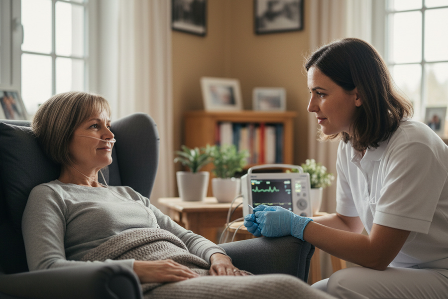 Pflegefachkraft betreut eine Patientin in ihrem Zuhause, während medizinische Werte an einem Monitor überwacht werden.