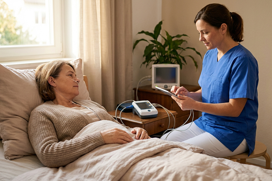 Pflegefachkraft betreut eine Patientin im Bett im häuslichen Umfeld und dokumentiert Pflegedaten, während medizinische Geräte zur Überwachung angeschlossen sind.